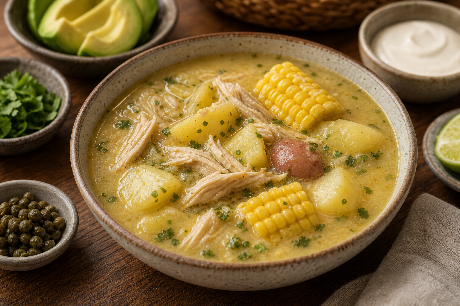 Colombian ajiaco chicken potato soup with corn avocado cream and capers