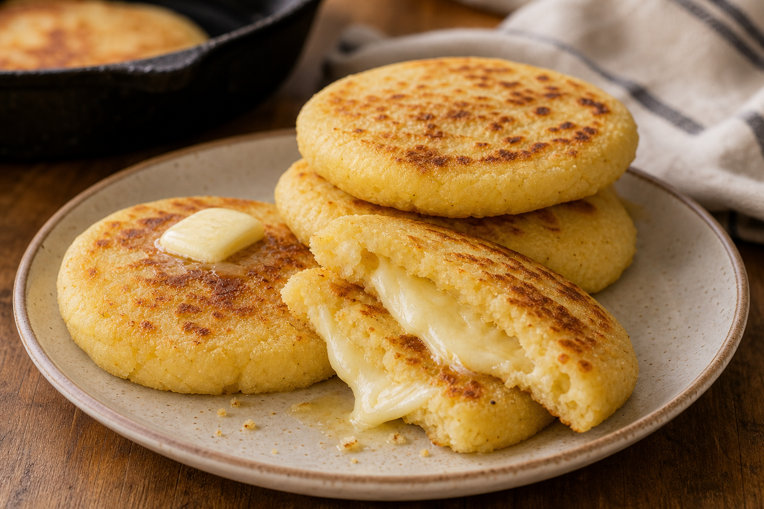 Warm Colombian arepas con queso split open with melted cheese