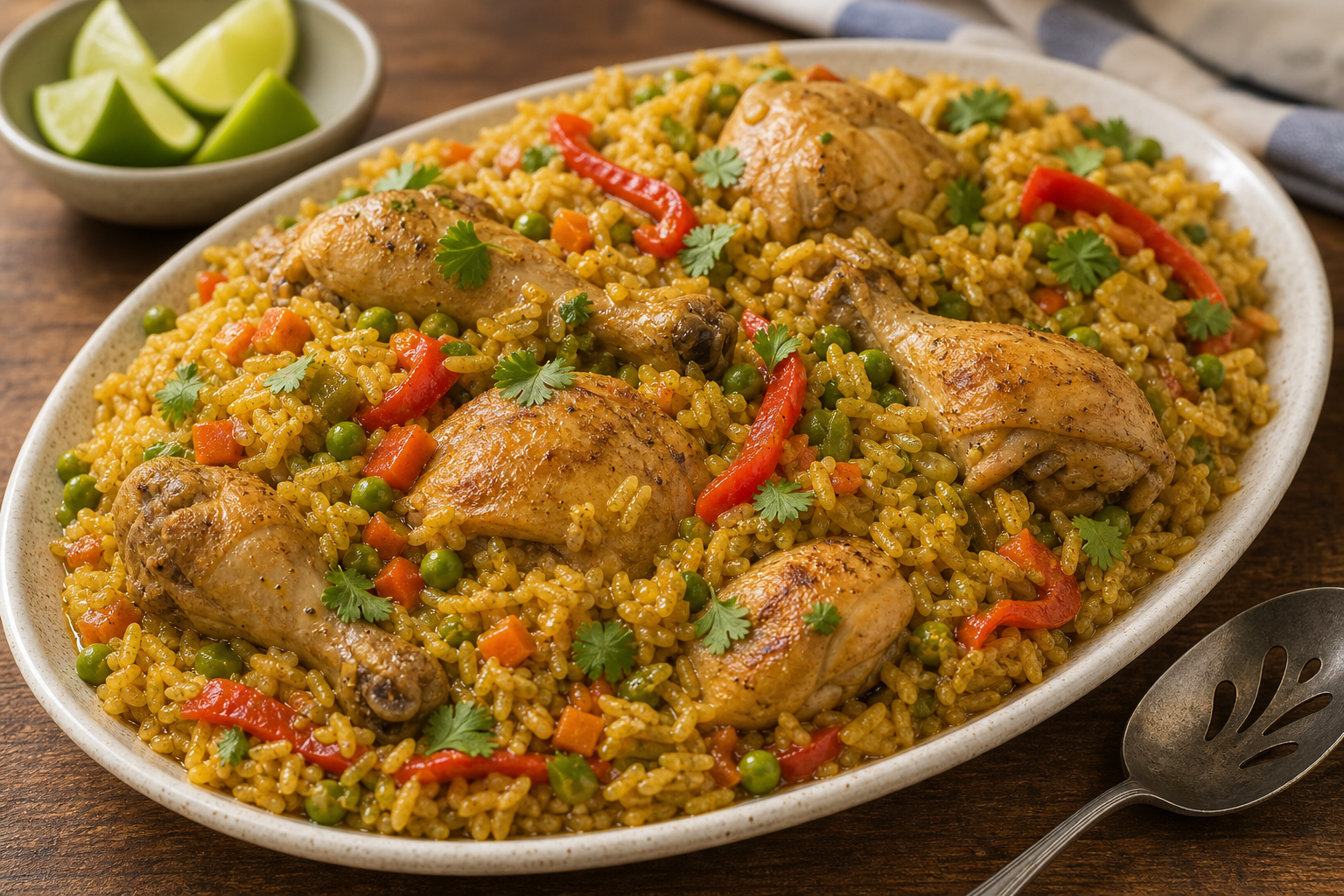 Colombian arroz con pollo with yellow rice chicken peas carrots and peppers