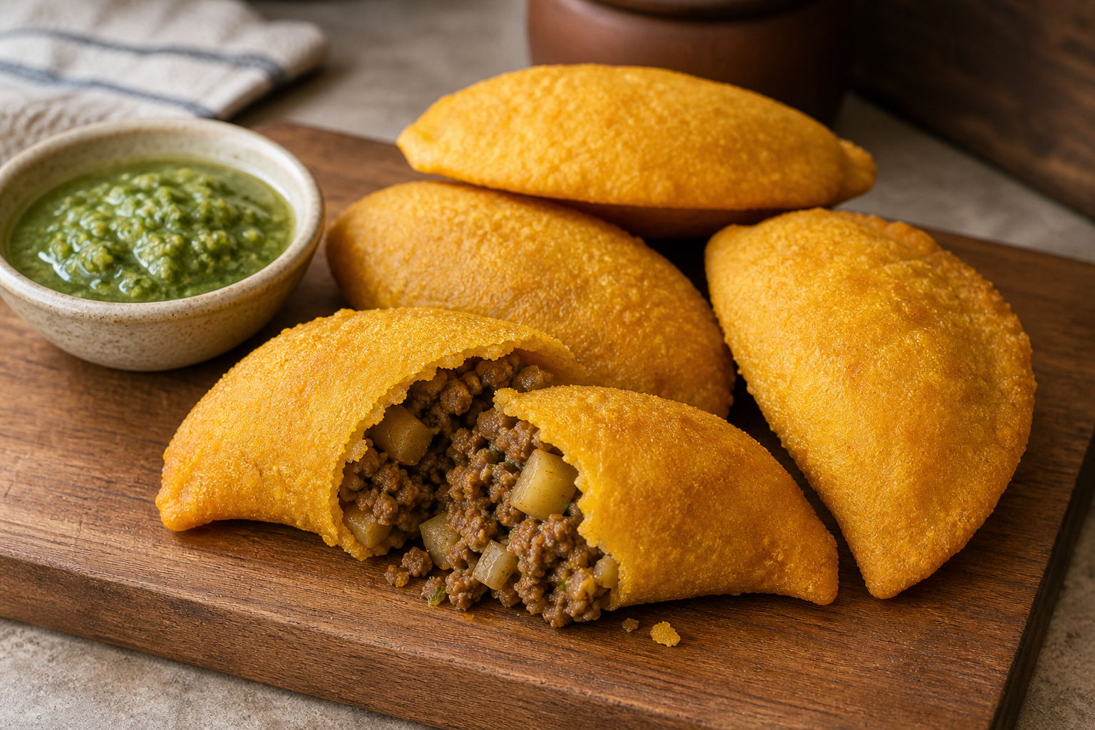 Golden Colombian beef and potato empanadas with green aji sauce