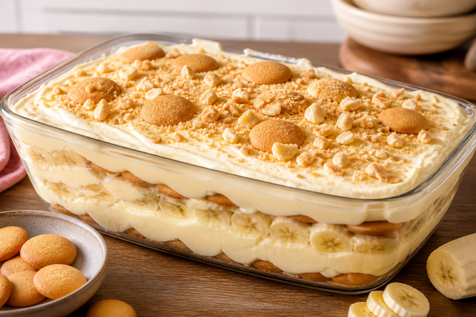 Creamy layered banana pudding with vanilla wafers and sliced bananas