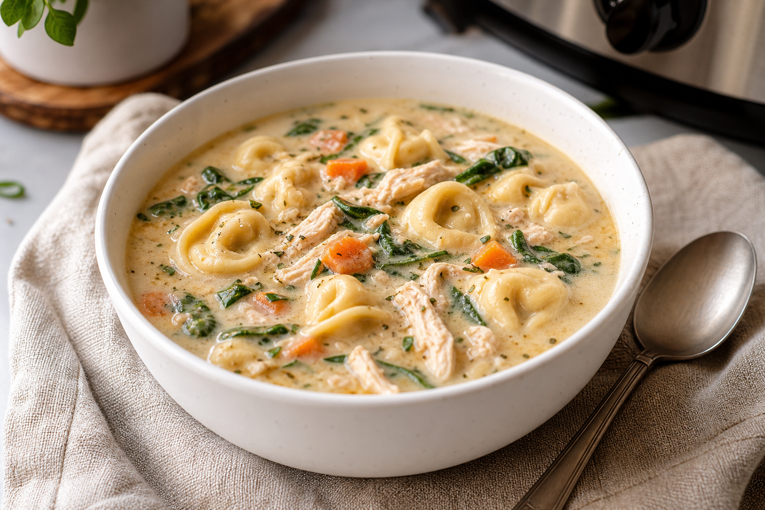 Crockpot creamy chicken tortellini soup