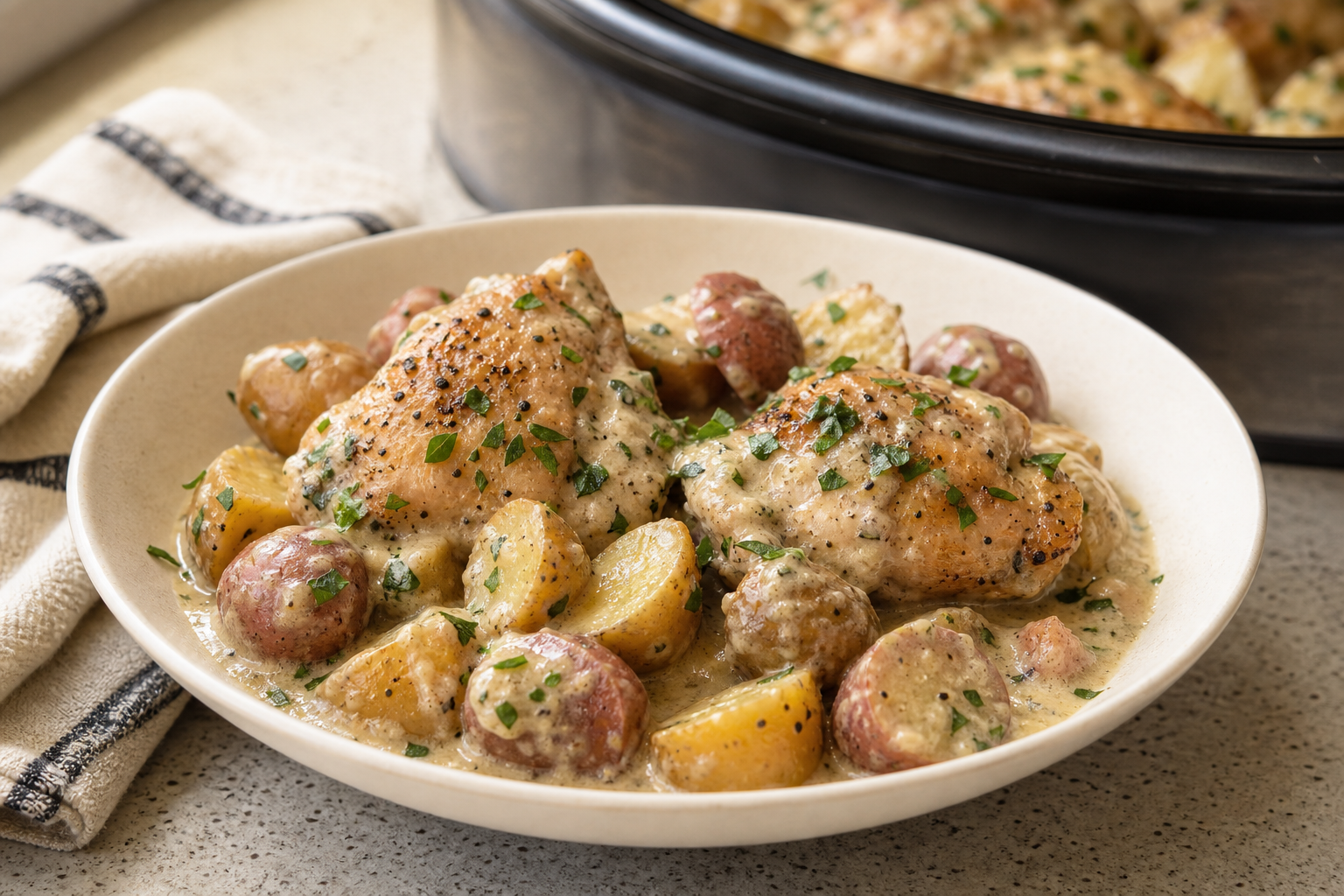 Creamy ranch chicken and baby potatoes made in a slow cooker