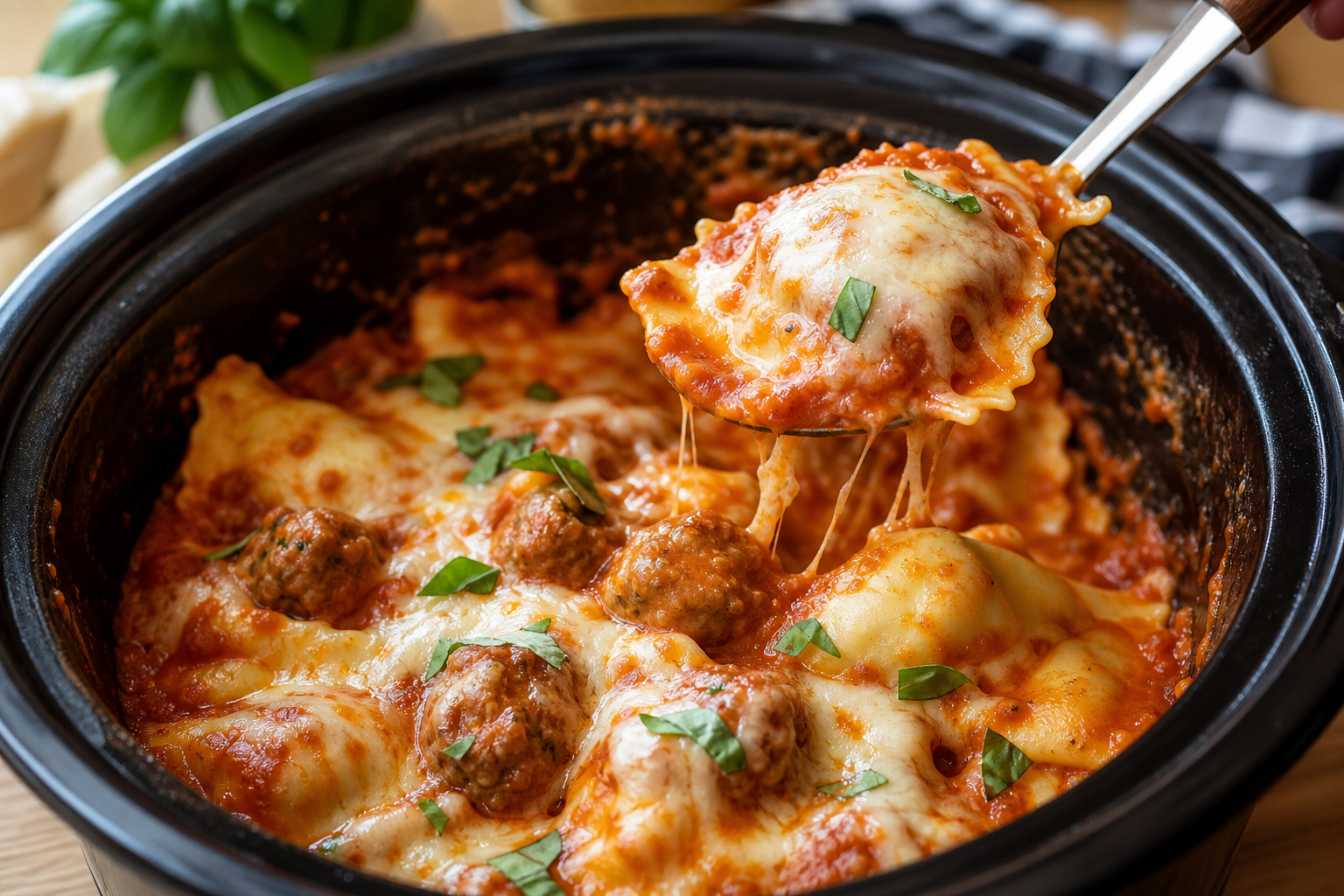 Crockpot creamy ravioli and meatballs with marinara and melted mozzarella