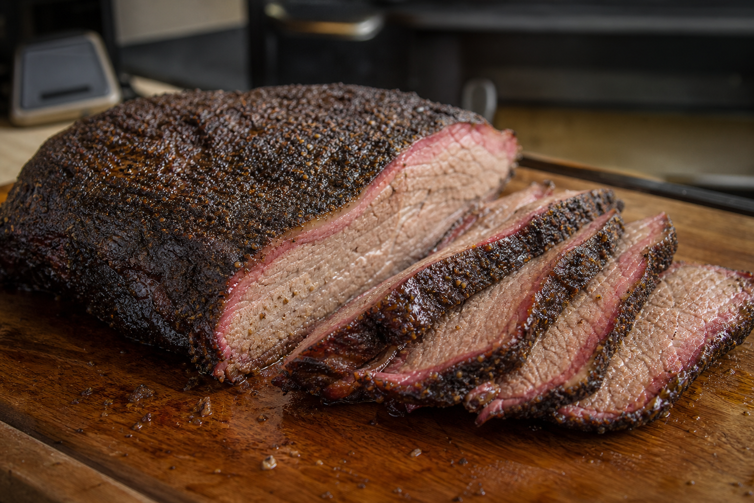 Sliced low-and-slow smoked brisket with dark peppery bark and a pink smoke ring