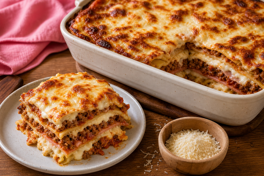Roasted Tomato Beef Lasagna with Ham and Mozzarella
