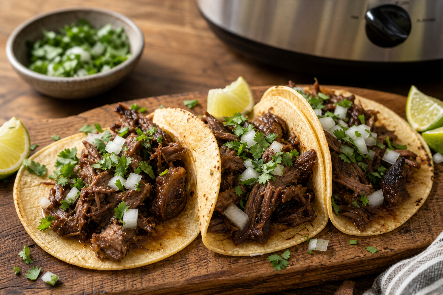 Slow cooker beef barbacoa served in corn tortillas with onion and cilantro