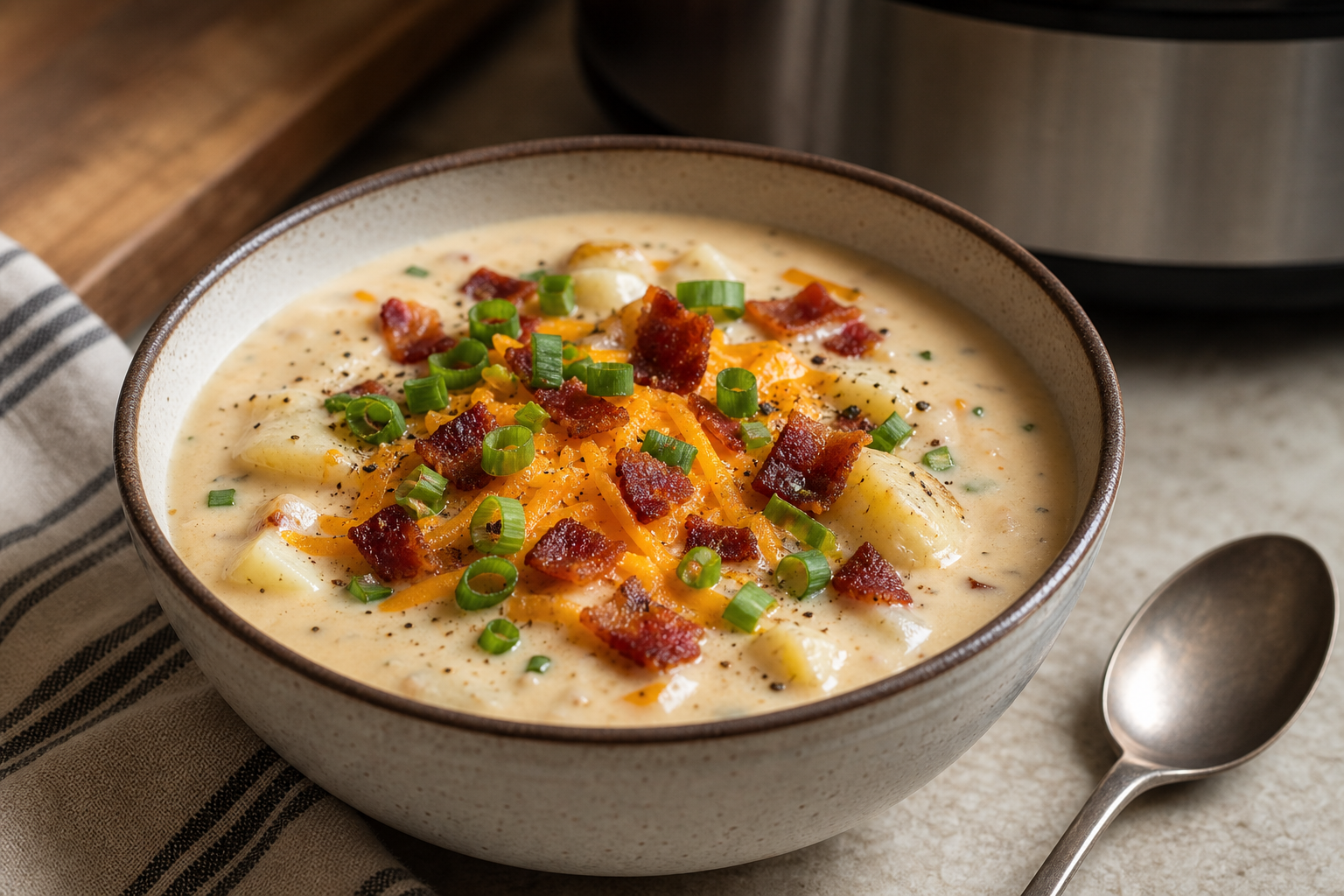 Creamy slow cooker loaded potato soup with cheddar bacon and green onions