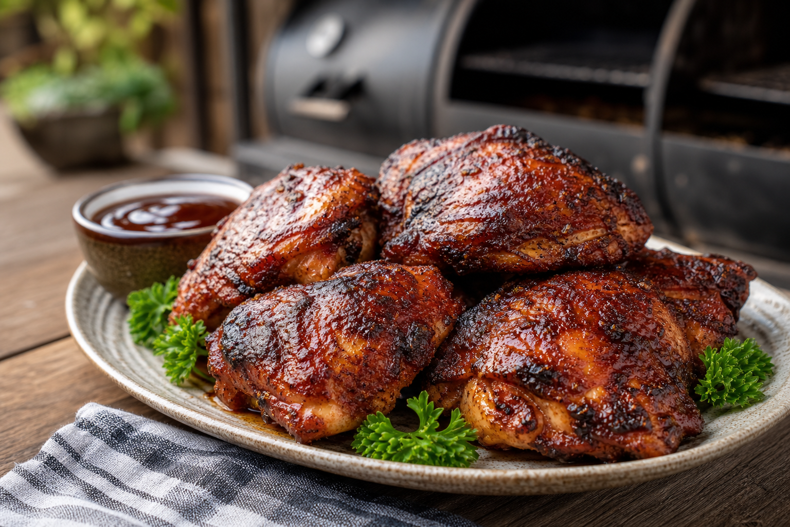 Smoked BBQ chicken thighs